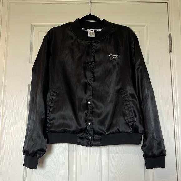 Victoria’s Secret PINK Satin Black Bomber Jacket Button Down Large - Picture 2 of 11